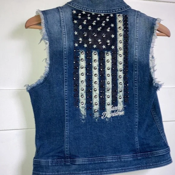 Harley Davidson Denim Vest Metal Stud American Flag No Sleeve Fringes XS - Picture 1 of 7